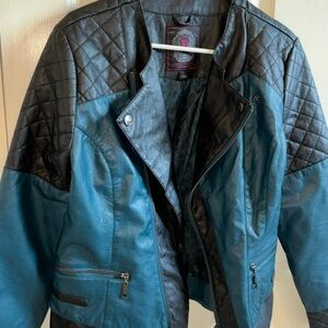 Black and teal faux leather moto biker jacket (L) with pockets zip up